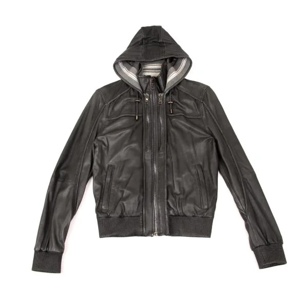 ディーアンドジーD&G ラムレザーリブ切替フーデッドジップブルゾン チャコール46 K-156291_001