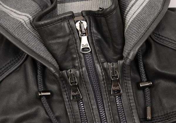 ディーアンドジーD&G ラムレザーリブ切替フーデッドジップブルゾン チャコール46 K-156291_006