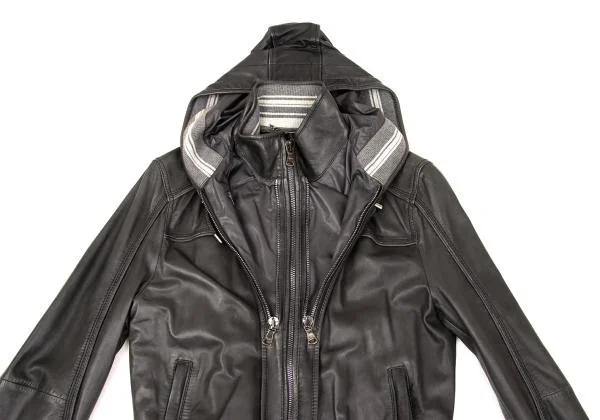 ディーアンドジーD&G ラムレザーリブ切替フーデッドジップブルゾン チャコール46 K-156291_012