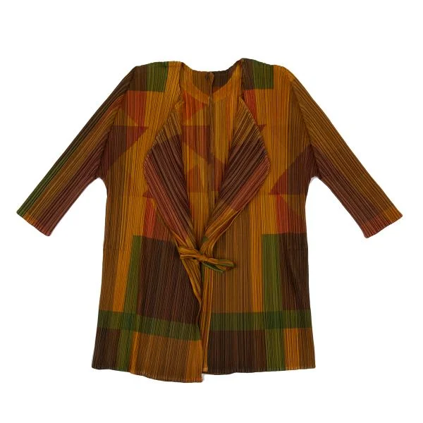 プリーツプリーズPLEATS PLEASE グラフィックプリント七分袖プリーツボタンレスカーディガン 茶カーキ3 K-156611_002