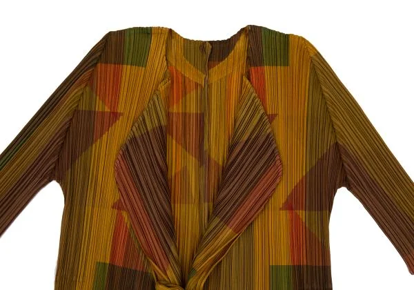 プリーツプリーズPLEATS PLEASE グラフィックプリント七分袖プリーツボタンレスカーディガン 茶カーキ3 K-156611_003