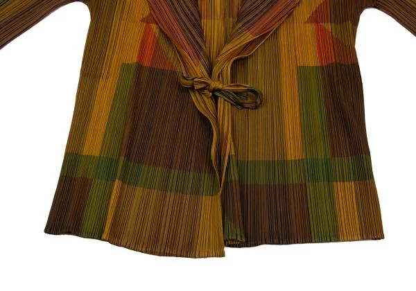 プリーツプリーズPLEATS PLEASE グラフィックプリント七分袖プリーツボタンレスカーディガン 茶カーキ3 K-156611_008