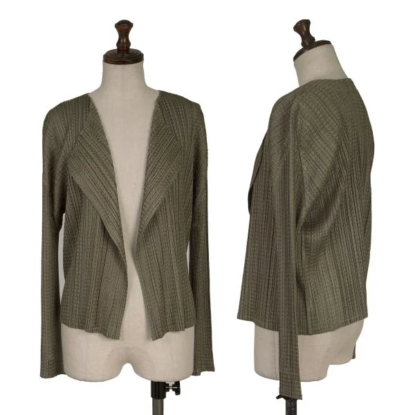 PLEATS PLEASE Zigzag Mesh Pleated Buttonless Cardigan Khaki 3 K-156613_001