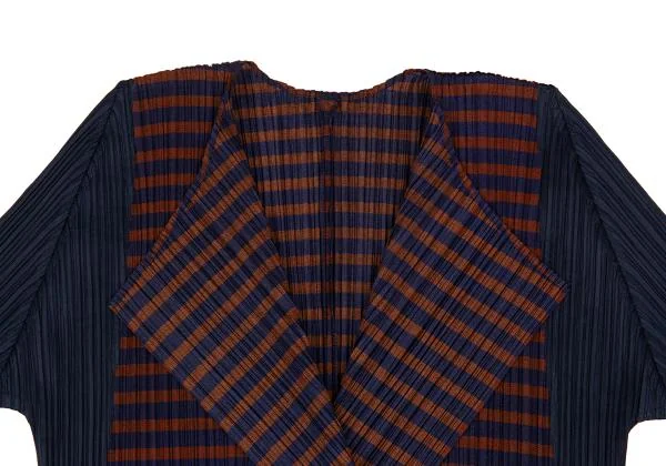 プリーツプリーズPLEATS PLEASE ボーダープリント切替七分袖プリーツボタンレスカーディガン 紺茶3 K-156616_003