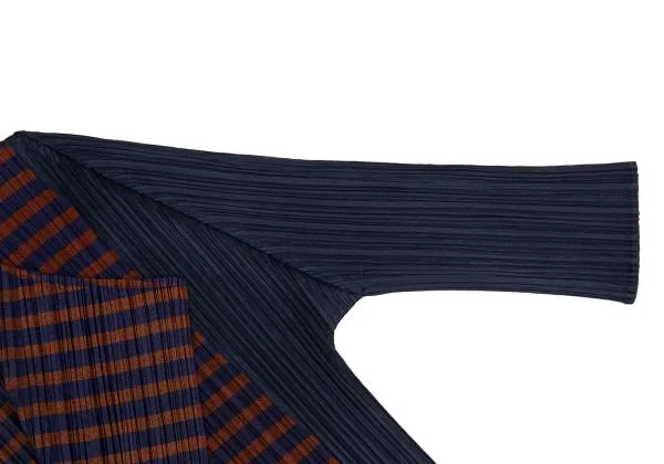 プリーツプリーズPLEATS PLEASE ボーダープリント切替七分袖プリーツボタンレスカーディガン 紺茶3 K-156616_004