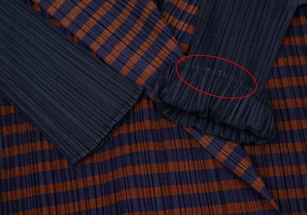 プリーツプリーズPLEATS PLEASE ボーダープリント切替七分袖プリーツボタンレスカーディガン 紺茶3 K-156616_005