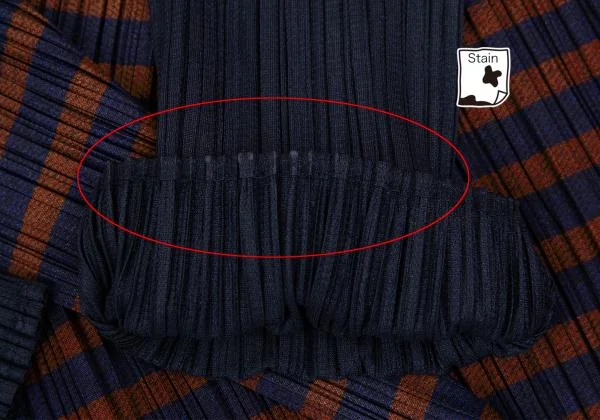 プリーツプリーズPLEATS PLEASE ボーダープリント切替七分袖プリーツボタンレスカーディガン 紺茶3 K-156616_006