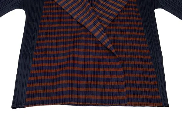 プリーツプリーズPLEATS PLEASE ボーダープリント切替七分袖プリーツボタンレスカーディガン 紺茶3 K-156616_007