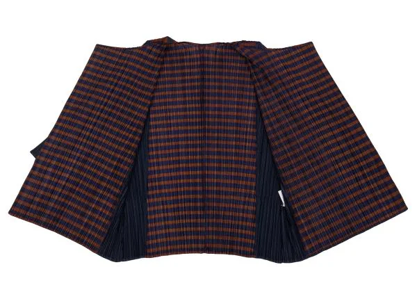プリーツプリーズPLEATS PLEASE ボーダープリント切替七分袖プリーツボタンレスカーディガン 紺茶3 K-156616_008