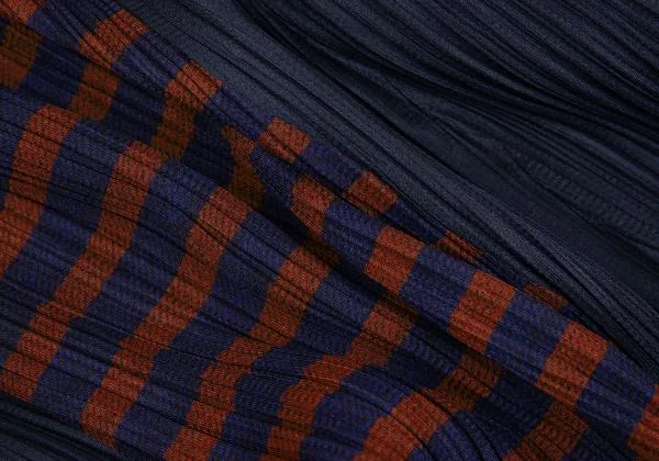 プリーツプリーズPLEATS PLEASE ボーダープリント切替七分袖プリーツボタンレスカーディガン 紺茶3 K-156616_010