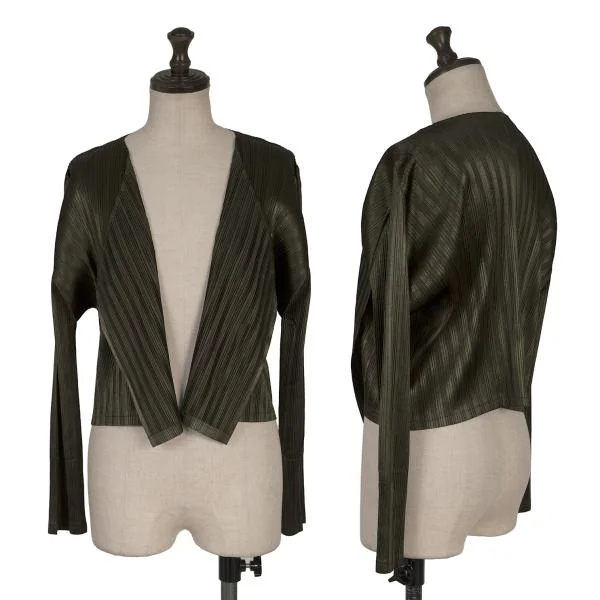 PLEATS PLEASE Shiny Pleated Buttonless Cardigan Khaki 3 K-156629_001