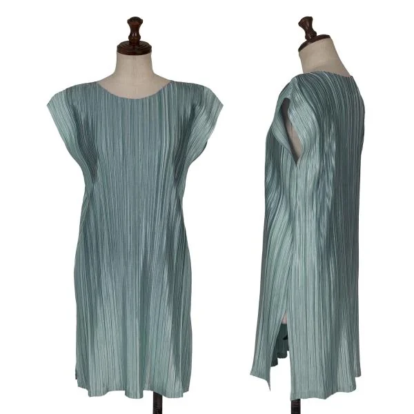 プリーツプリーズPLEATS PLEASE 光沢プリーツサイドスリットノースリーブチュニック 水色3 K-156680_001