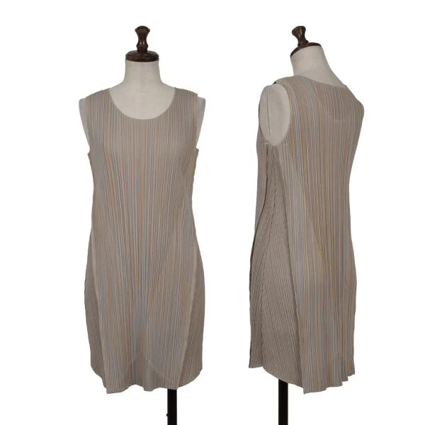 プリーツプリーズPLEATS PLEASE ストライプジャガード切替ノースリーブチュニック グレー黄3 K-156689_001