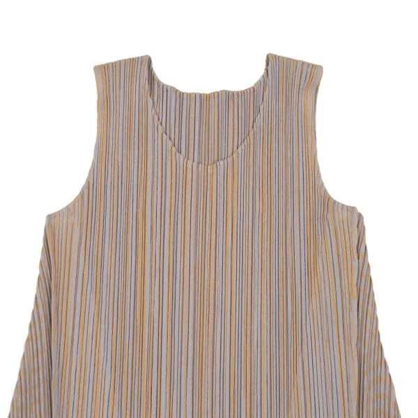 プリーツプリーズPLEATS PLEASE ストライプジャガード切替ノースリーブチュニック グレー黄3 K-156689_003