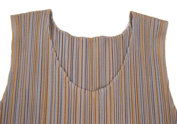 プリーツプリーズPLEATS PLEASE ストライプジャガード切替ノースリーブチュニック グレー黄3 K-156689_004