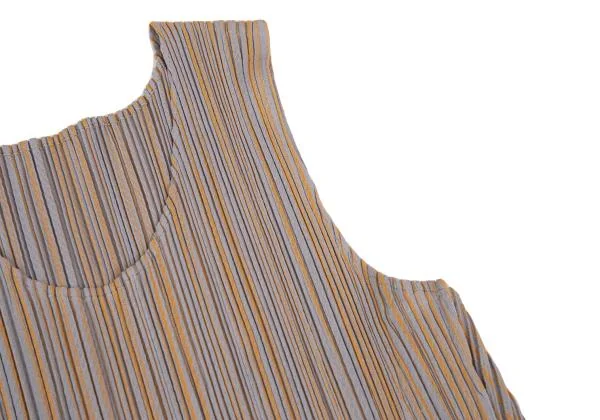 プリーツプリーズPLEATS PLEASE ストライプジャガード切替ノースリーブチュニック グレー黄3 K-156689_005