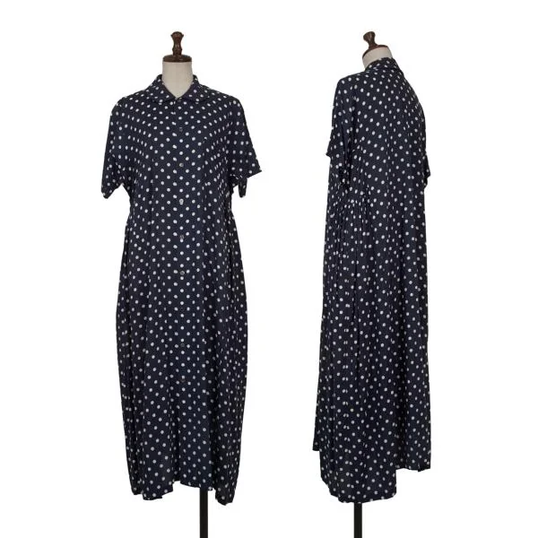COMME des GARCONS Rayon Dot Printed Round Collar Shirt Dress Navy S K-156714_001