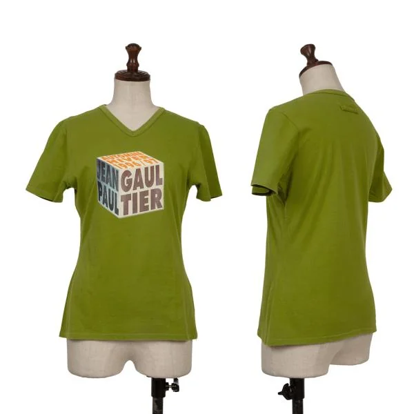Jean Paul GAULTIER CLASSIQUE Cube Logo Printed V Neck T Shirt Light Green 40 K-156741_001