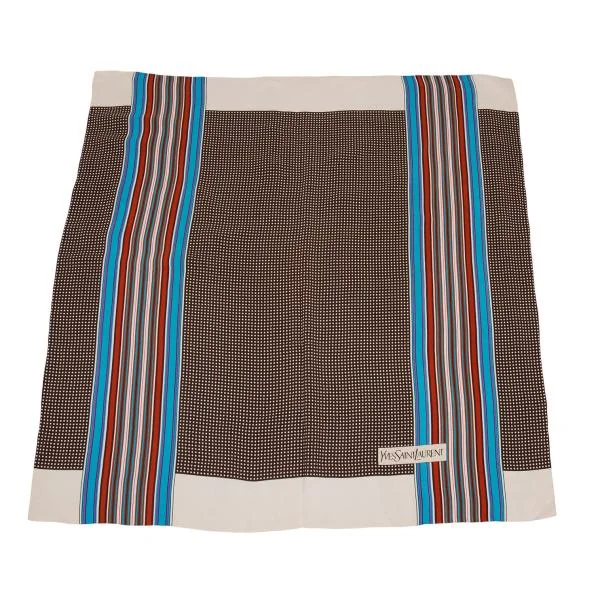 イヴサンローランYves Saint Laurent ドットストライプシルクスカーフ 焦げ茶ベージュ他 K-156765_001