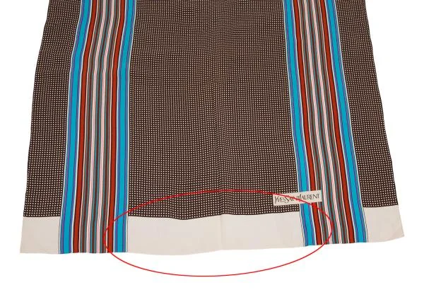 イヴサンローランYves Saint Laurent ドットストライプシルクスカーフ 焦げ茶ベージュ他 K-156765_004