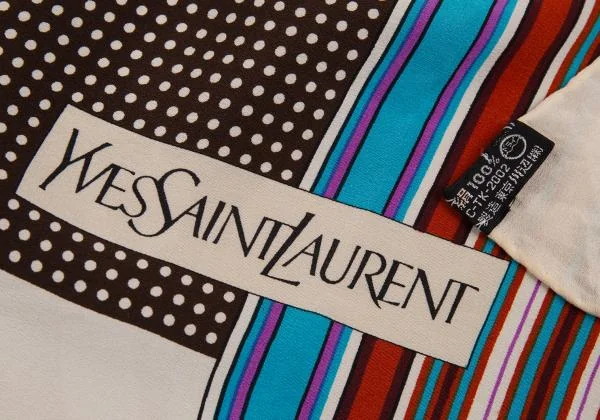 イヴサンローランYves Saint Laurent ドットストライプシルクスカーフ 焦げ茶ベージュ他 K-156765_010