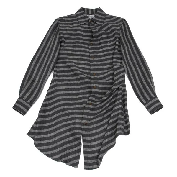 Vivienne Westwood MAN Linen Stripe front Long Shirt Charcoal 44 K-156951_001