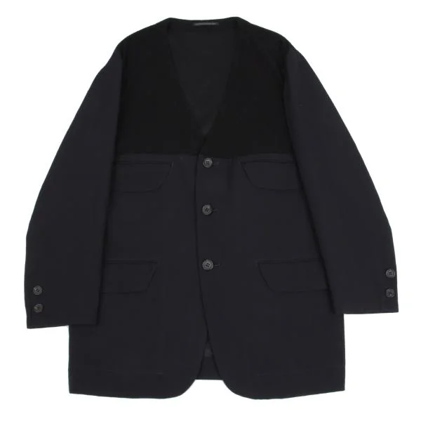 Yohji Yamamoto POUR HOMME Wool Rib Knit Switching Collarless Jacket Black,Navy M K-156986_001