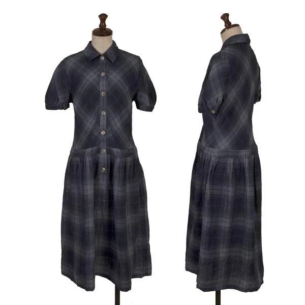 Mademoiselle NON NON Linen Check Shirt Dress Navy 38M K-158229_001