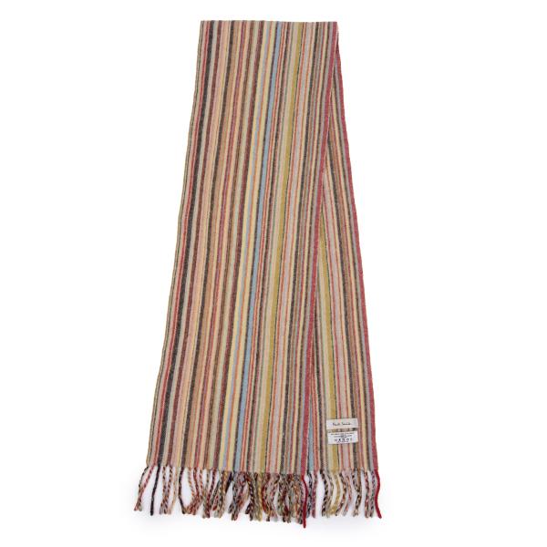 ポールスミスPaul Smith カシミヤ混カラフルストライプフリンジマフラー 赤黄水色