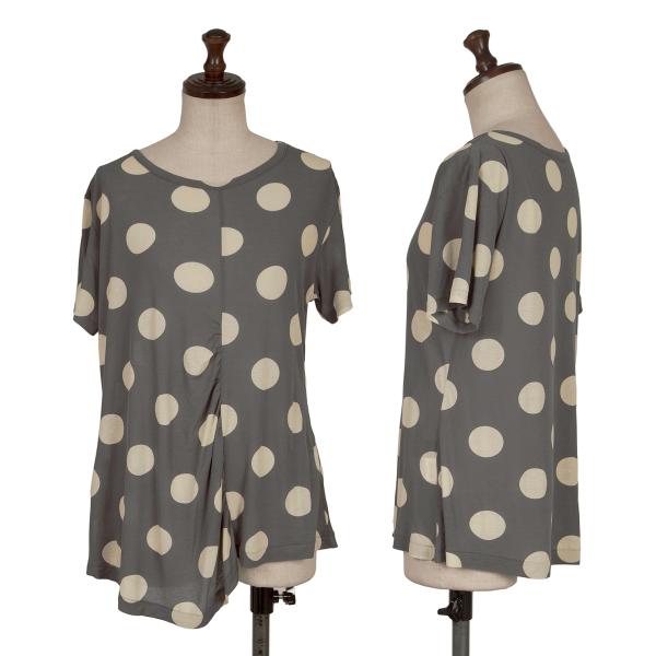 ワイズY's ドットプリントフロントギャザーTシャツ グレーベージュ2