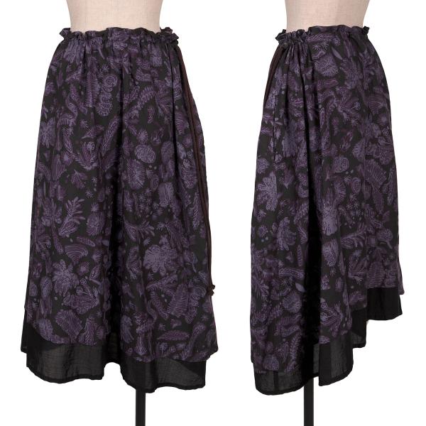 ワイズY's ボタニカルプリントドローコードレイヤースカート 焦げ茶紫他2