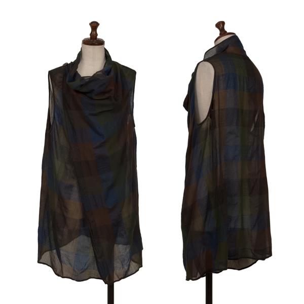 ヨーガンレールJURGEN LEHL ブロックチェックドレープネックベスト 紺焦げ茶他M