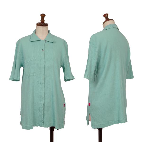 イッセイミヤケハートISSEY MIYAKE HaaT 染めクレーププリーツオープンカラー半袖シャツ ミントブルー2