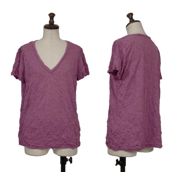 イッセイミヤケミーISSEY MIYAKE me シワ加工Vネック半袖Tシャツ 紫F