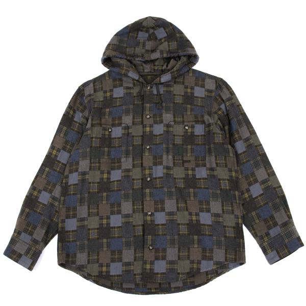 パパスPapas チェックブロック切替ネルシャツフーディー グレー他48M