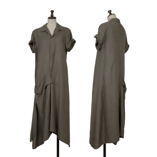 Yohji Yamamoto NOIR Linen Blend Drape Design Short Sleeve Shirt Dress Charcoal 1 K-159297_001