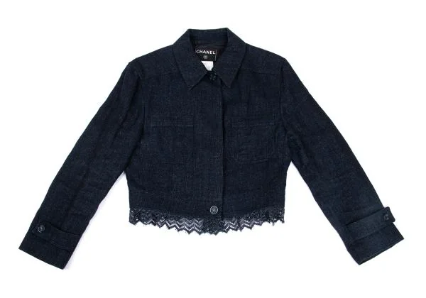 シャネルCHANEL リネン裾レース切替ジャケット 紺38 K-159361_002