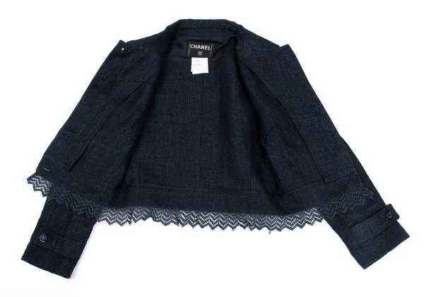 シャネルCHANEL リネン裾レース切替ジャケット 紺38 K-159361_015