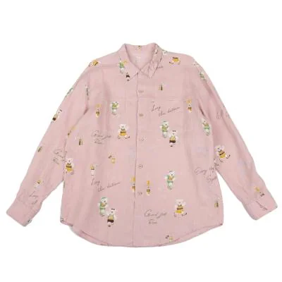 Papas Running Bear Printed Open Collar Long Sleeve Shirt