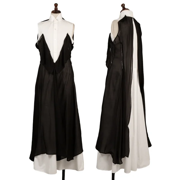 Yohji Yamamoto FEMME Chiffon Docking Long Sleeveless Shirt Dress White,Black 1 K-159446_001