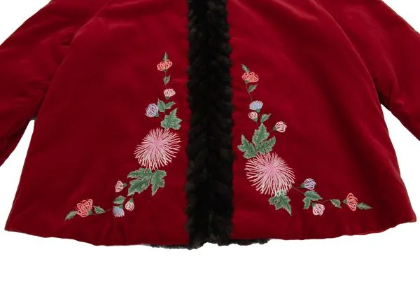 ケイタマルヤマKEITA MARUYAMA ファートリム花柄刺繍ベルベットノーカラージャケット 赤1 K-159482_006