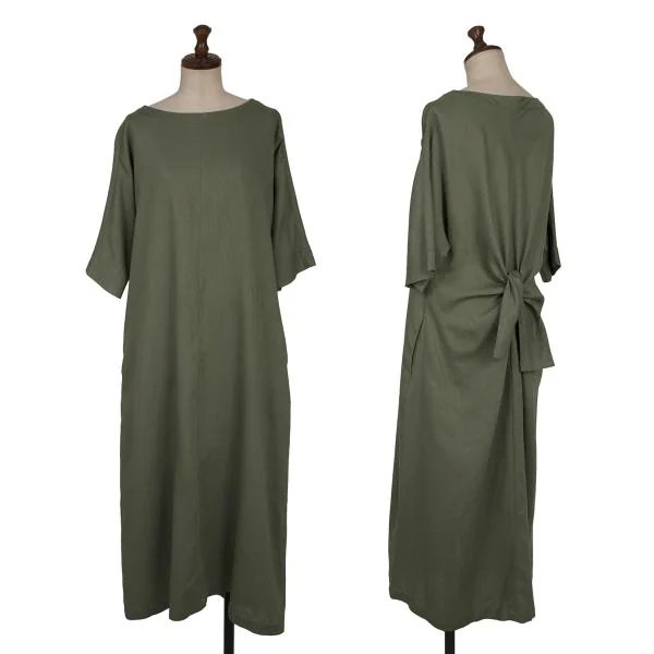 Y's for living Linen Poly Back Ribbon Raglan Dress Khaki S-M K-159490_001
