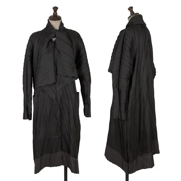 イッセイミヤケISSEY MIYAKE ストールカラーバイカラープリーツコート 黒2 K-159551_001