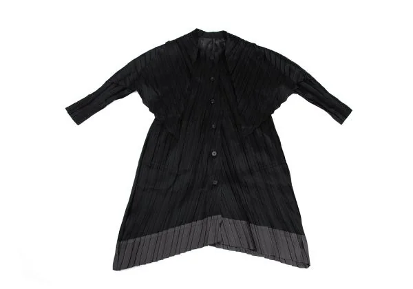 イッセイミヤケISSEY MIYAKE ストールカラーバイカラープリーツコート 黒2 K-159551_002