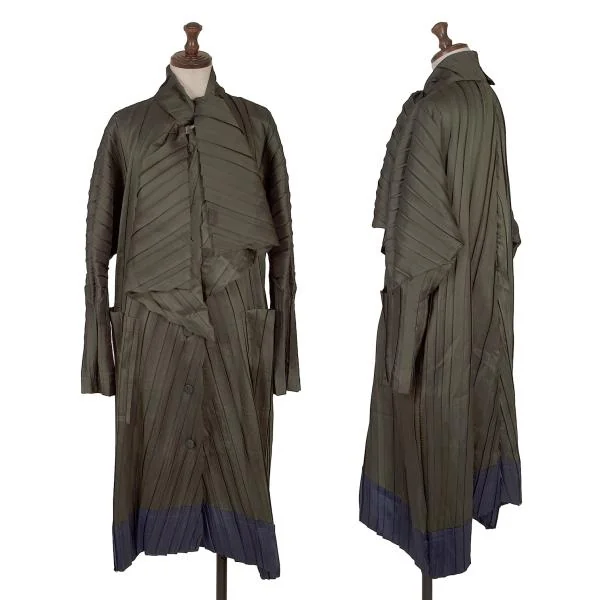 イッセイミヤケISSEY MIYAKE ストールカラーバイカラープリーツコート カーキM位 K-159553_001