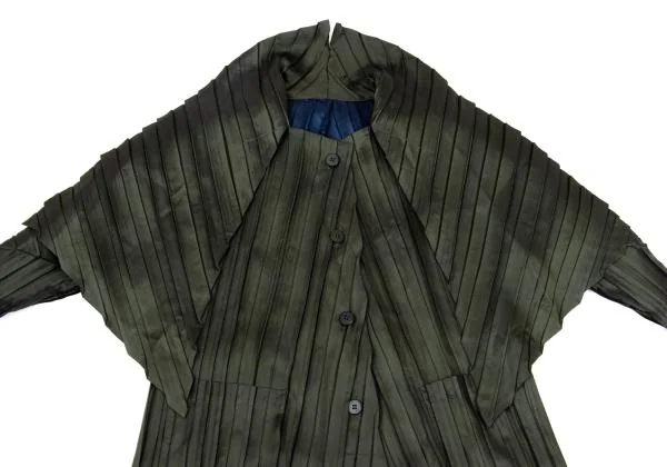 イッセイミヤケISSEY MIYAKE ストールカラーバイカラープリーツコート カーキM位 K-159553_007