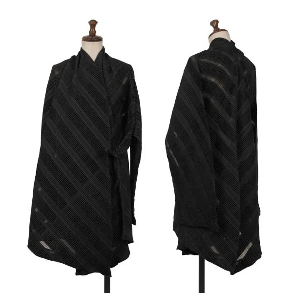 イッセイミヤケISSEY MIYAKE シースルーストライプ織り変形ラップコート 黒M位 K-159643_001