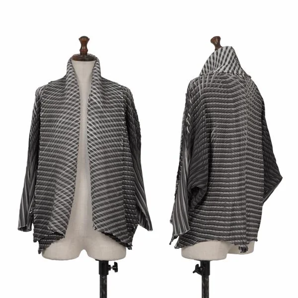 ISSEY MIYAKE Stripe Printed Pleats Dolman Short Jacket Black,Charcoal 2 K-159652_001