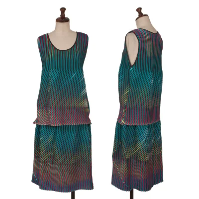 ISSEY MIYAKE Striped Print Pleats Tank Top & Skirt