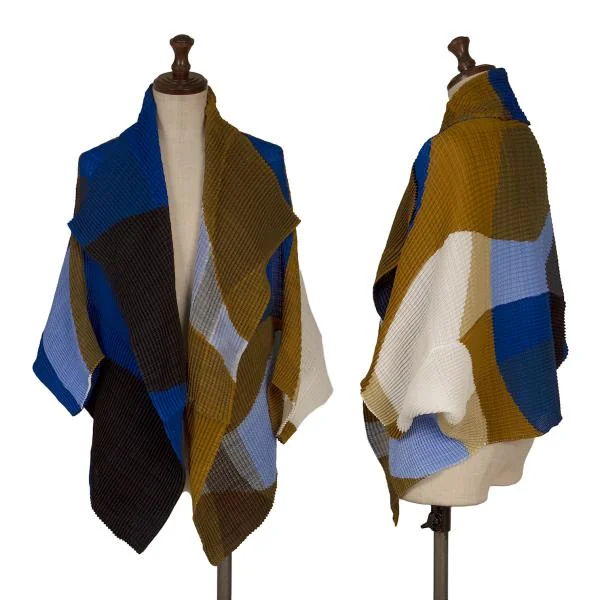 ISSEY MIYAKE  Color Switching Stretch Pleats Cardigan Beige,Blue 2 K-159712_001
